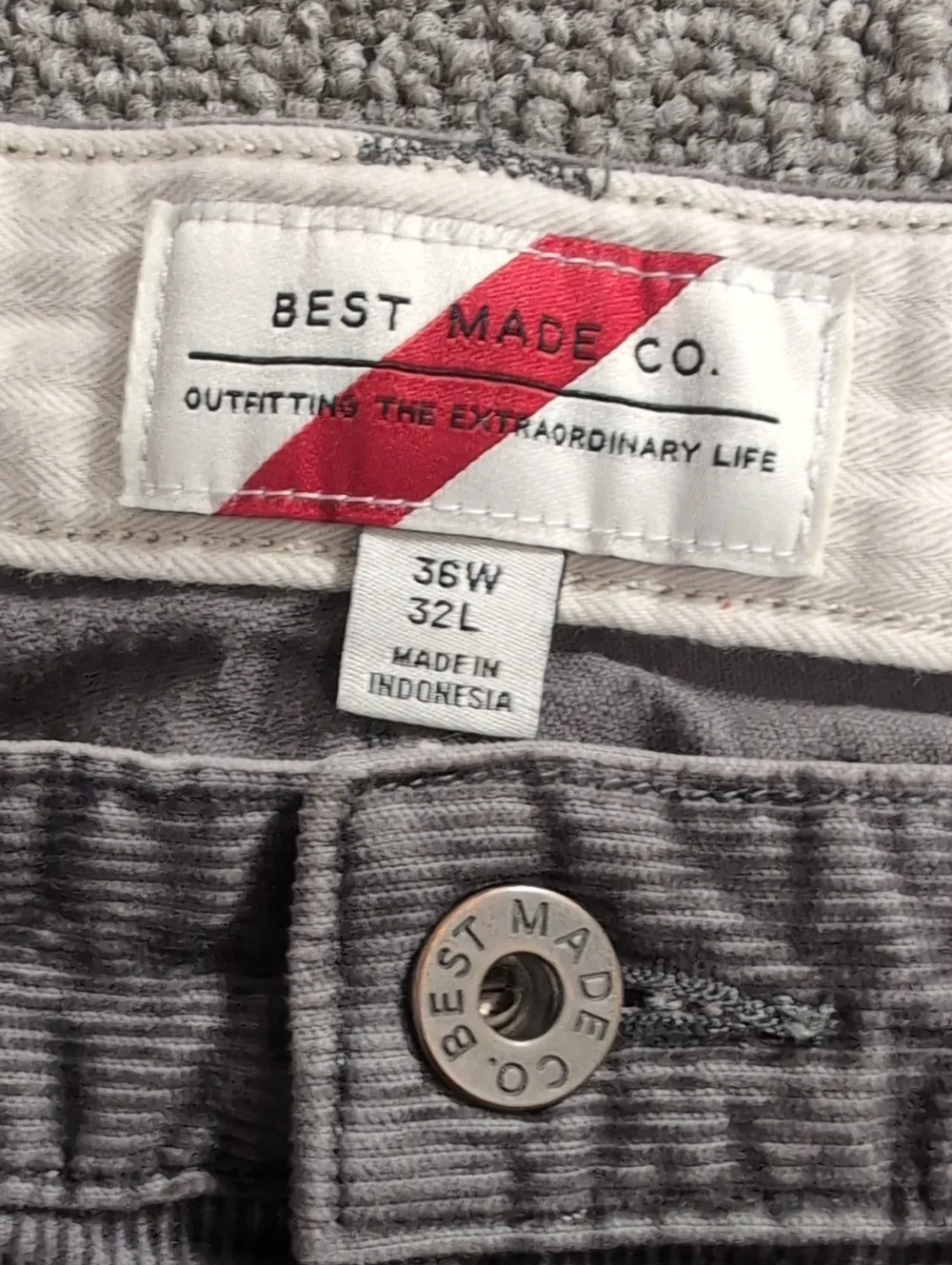 Best Made Co Fine Wale Corduroy Pants Size 36x32 Gray 100% Cotton 5 Pocket